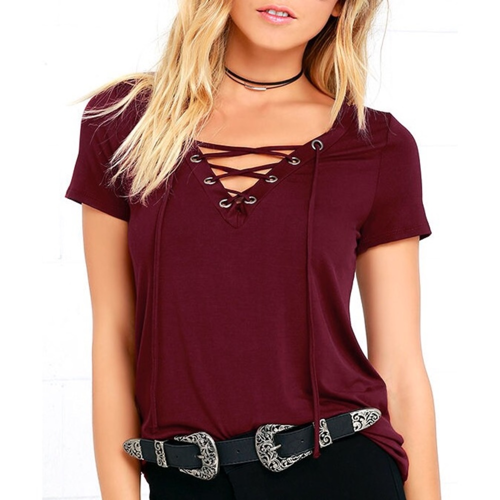 Lulus Wine Red Lace-Up Top!